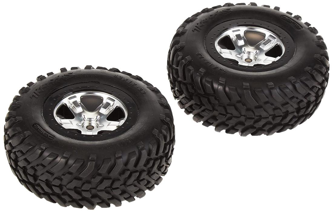 Traxxas 5873X SCT Off-Road Tires Pre-Glued on Satin Chrome Black Beadlock-Style Wheels (pair)