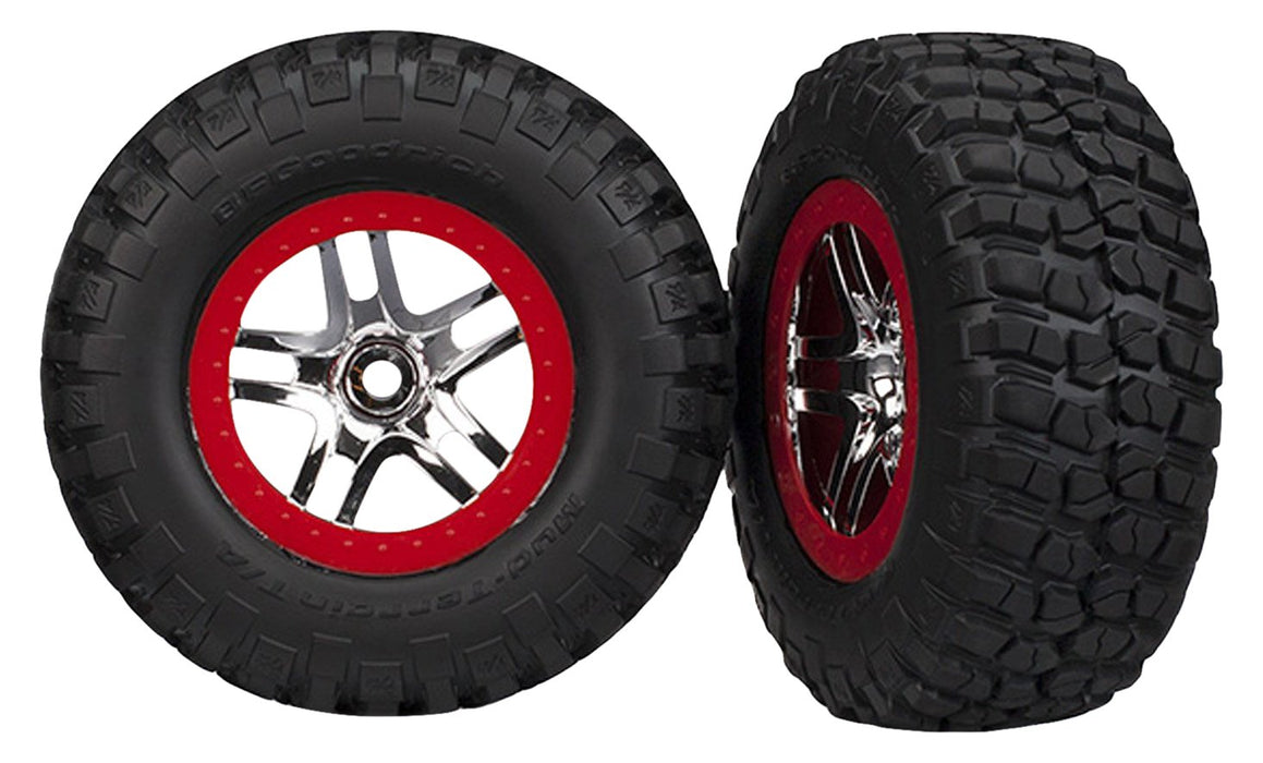 Traxxas 6873R BFGoodrich Mud-Terrain T/A KM2 Tires Pre-Glued on SCT Split-Spoke Chrome Red Beadlock-Style Wheels (pair)