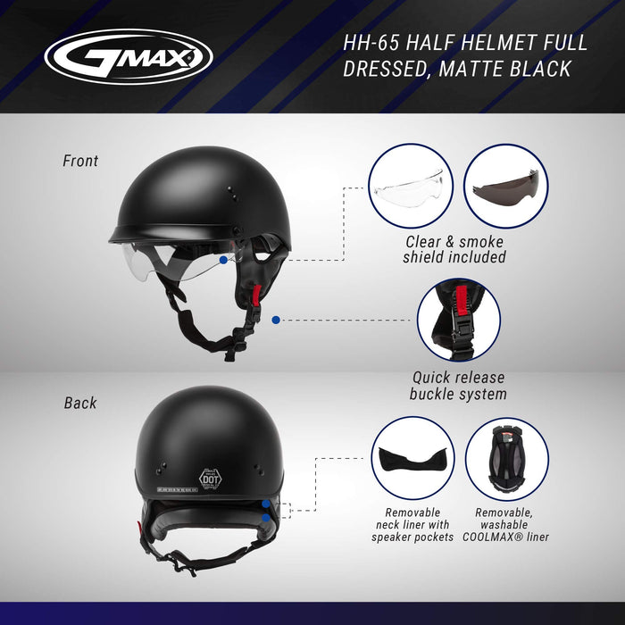 GMAX HH-65 Naked DOT Approved Half Helmet for Motorcycle, Moped, Scooter and More