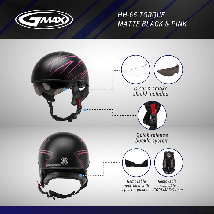 GMAX unisex-adult full-face-helmet-style Helmet (Gm65 Torque Naked Half) (Flat Black/Pink, X-Small)