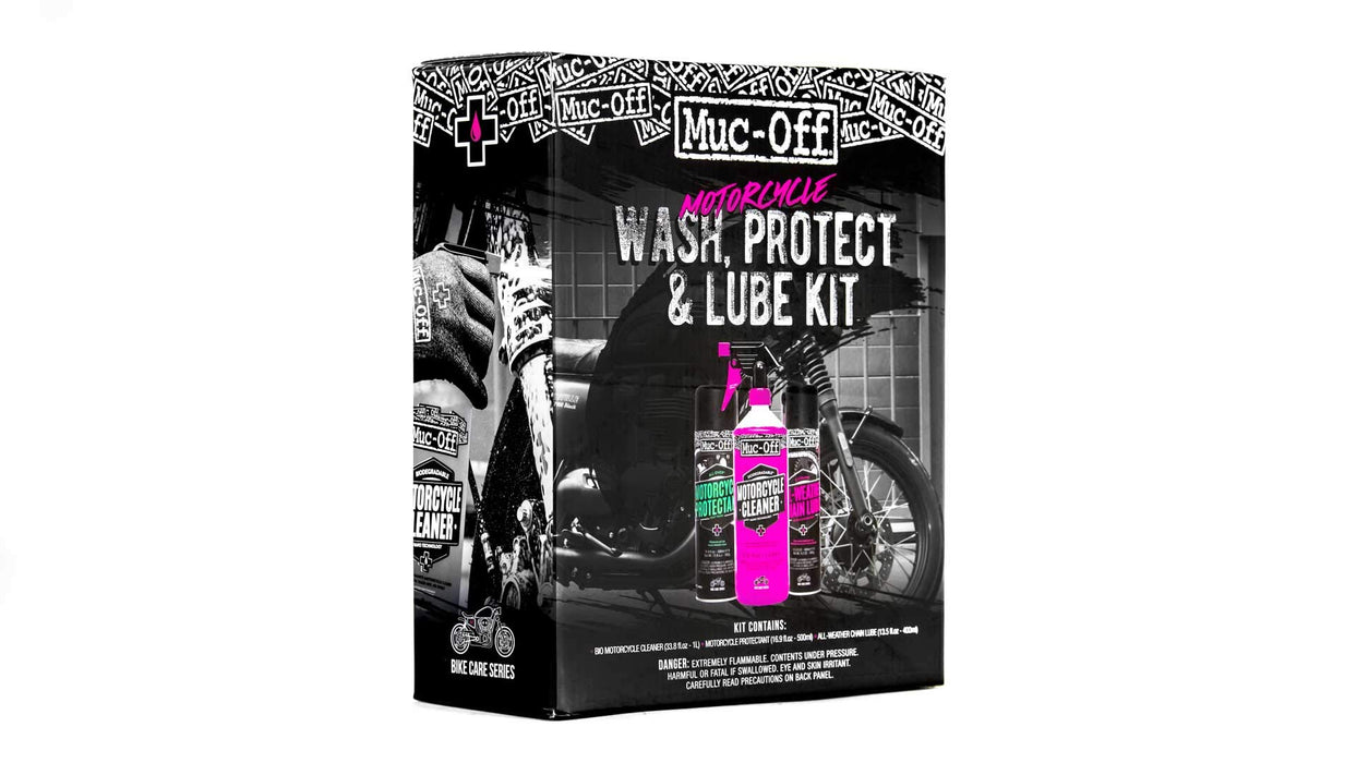 Muc Off Motorcycle Wash, Protect and Lube Kit - Motorcycle Cleaning Kit, Motorcycle Detailing Kit - Includes Motorcycle Cleaner and Chain Lube