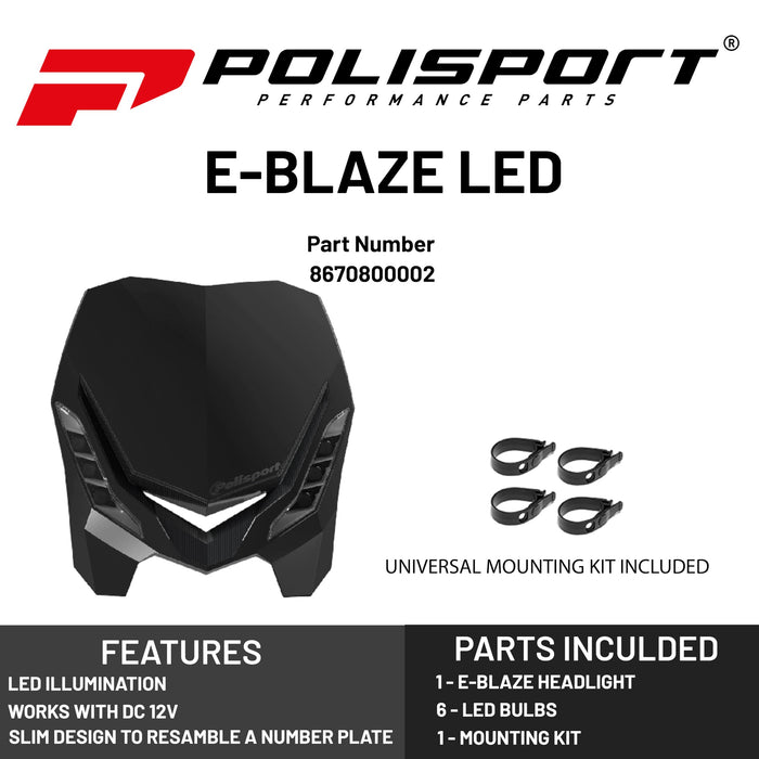 Polisport E-Blaze Motorcycle Headlight - Slim LED Design, Adjustable Lights, Customizable, Glossy & Carbon Fiber (Black)