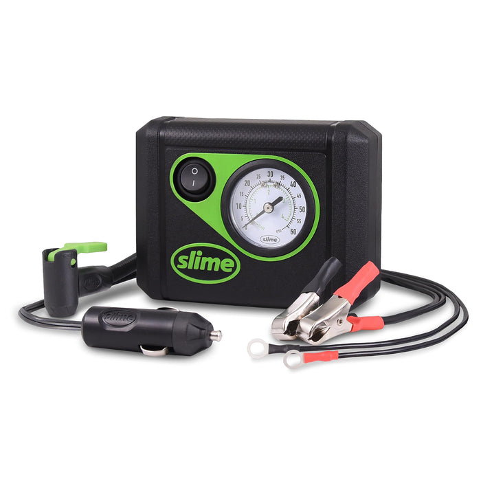 Slime 40061 Tire Inflator, Power Sport, Compact, Lightweight, Analog, Motorcycles, ATVs/UTVs and cars, includes LED light and twist connect hose, 12V and alligator clips, 12 min inflation