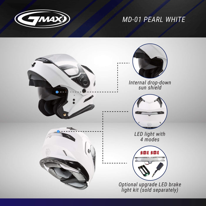 GMAX MD-01, DOT Approved Modular Helmet for Motorcycles, Scooters, Mopeds and More (Pearl White, XXX-Large)