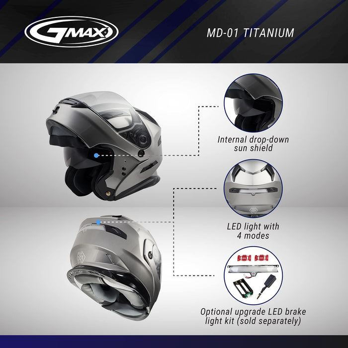 GMAX MD-01, DOT Approved Modular Helmet for Motorcycles, Scooters, Mopeds and More (Titanium, Medium)