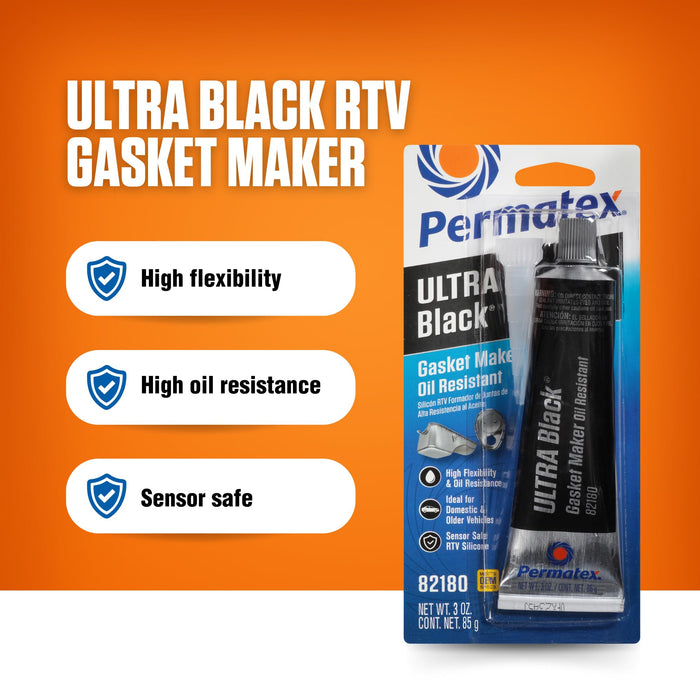 Permatex 82180 Ultra Black Maximum Oil Resistance RTV Silicone Gasket Maker, Sensor Safe And Non-Corrosive, For High Flex And Oil Resistant Applications 3 oz