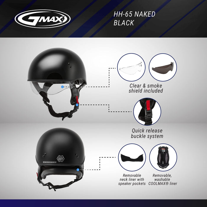 GMAX HH-65 Naked Motorcycle Street Half Helmet (Matte Black, Small)