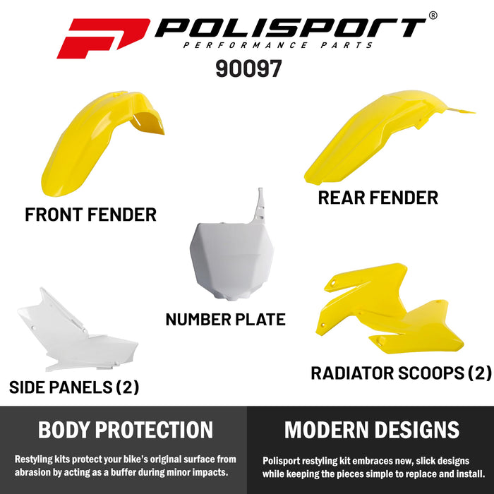 Polisport Full Plastic Kit for Suzuki RMZ450 (2005-2006) OEM Quality Restyling Kit with Superior Fit, Flexibility, and Durability (Yellow/White)