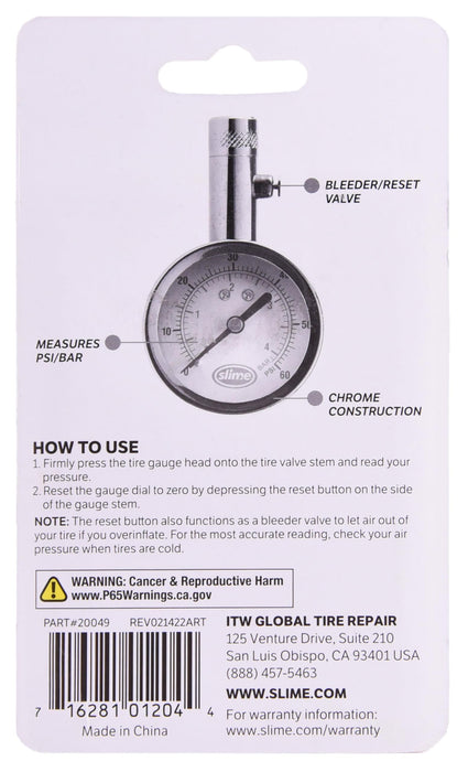 Slime 20049 Tire Pressure Gauge, Large Face Dial Analogue Gauge, 5-60 PSI