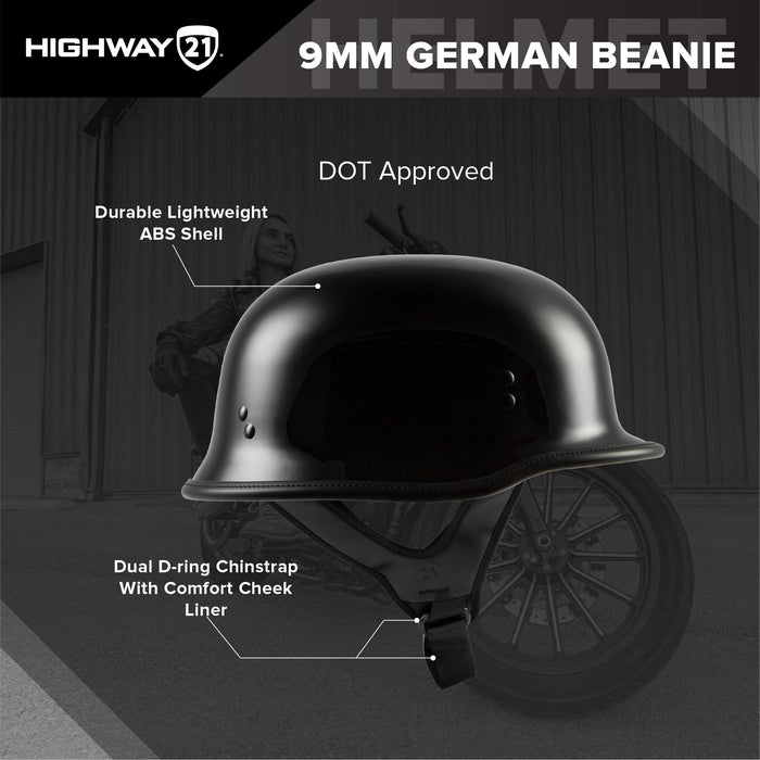 Highway 21 Motorcycle 9mm Half Helmet (German Style) (Black, 2X-Large)