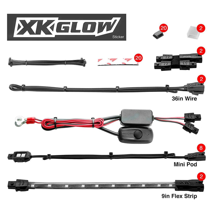 XK Glow Single Color XKGLOW LED Accent Light Motorcycle Kit Red 8xPod + 2x8InStrips XK034001-R