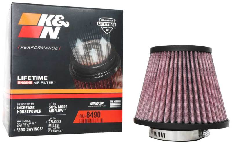 K&N Universal Clamp-On Air Filter: High Performance, Premium, Washable, Replacement Filter: Flange Diameter: 2.375 In, Filter Height: 4.34 In, Flange Length: 0.75 In, Shape: Round Tapered, Ru-8490 RU-8490