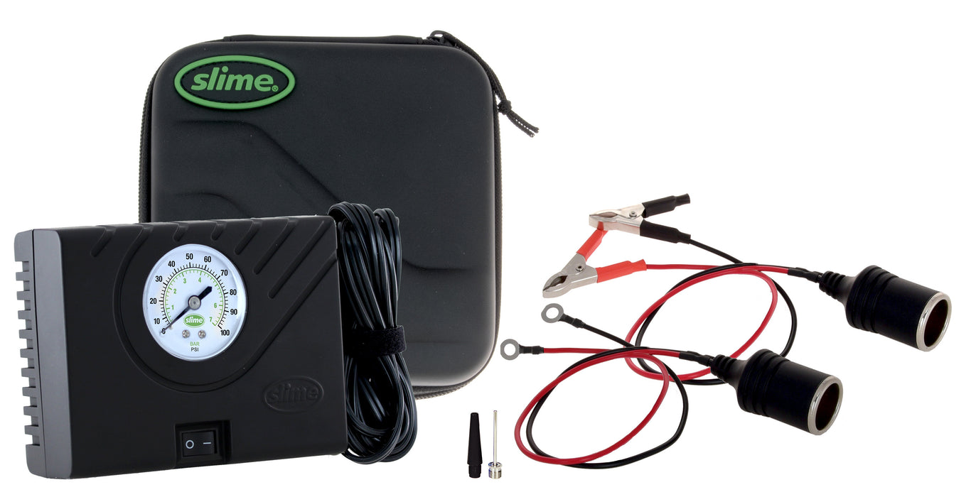 Slime 40061 Tire Inflator, Power Sport, Compact, Lightweight, Analog, Motorcycles, ATVs/UTVs and cars, includes LED light and twist connect hose, 12V and alligator clips, 12 min inflation