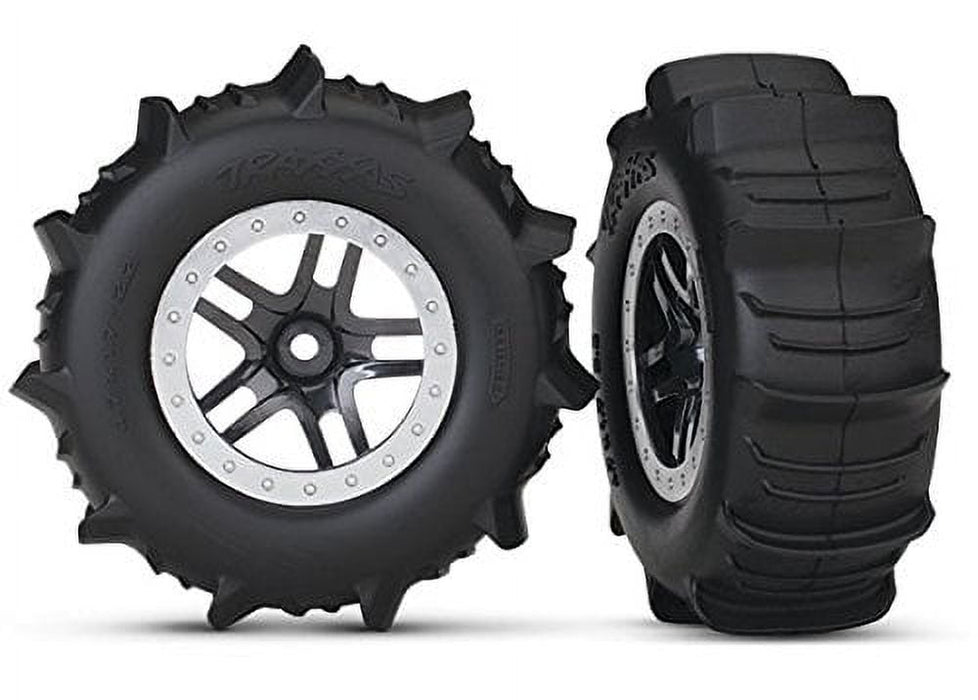 Traxxas Slash 4x4 Paddle Tires with Silver beadlock and Black Split Spoke wheels Set of 4!!