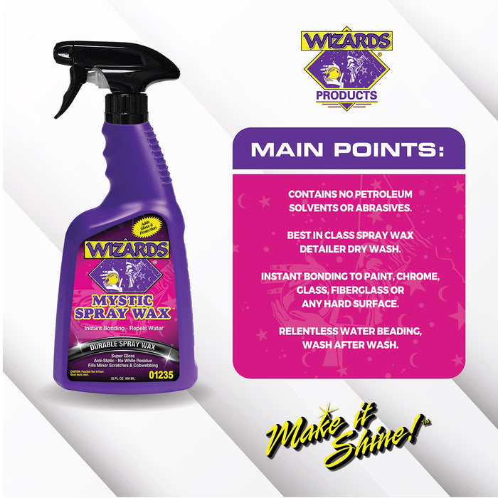 Wizards Spray Mystic Wax - Slick Finish Detailer and Glass Cleaner For Car Detailing Kit - Durable Spray Wax and Ceramic Boost - Repels Water and Protects With No Residue - 22 oz - Made in USA