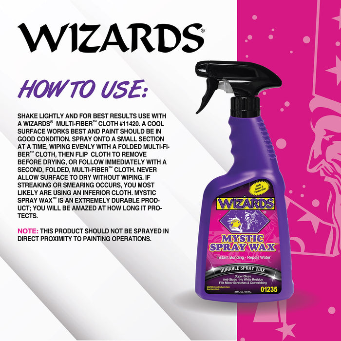 Wizards Spray Mystic Wax - Slick Finish Detailer and Glass Cleaner For Car Detailing Kit - Durable Spray Wax and Ceramic Boost - Repels Water and Protects With No Residue - 22 oz - Made in USA