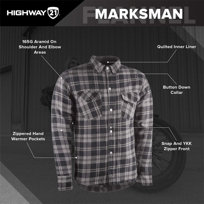 Highway 21 Marksman Flannel Shirt, Plaid, Button-Down Motorcycle Jacket For Men, Protective Woven Cotton Fabric #6049 489-1181~2
