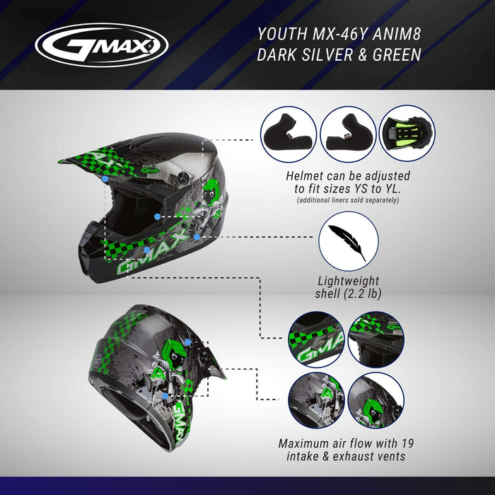 GMAX MX-46Y ANIM8 DOT Approved Youth Full-Face Motorcycle Helmet for Off Road Riding and Racing