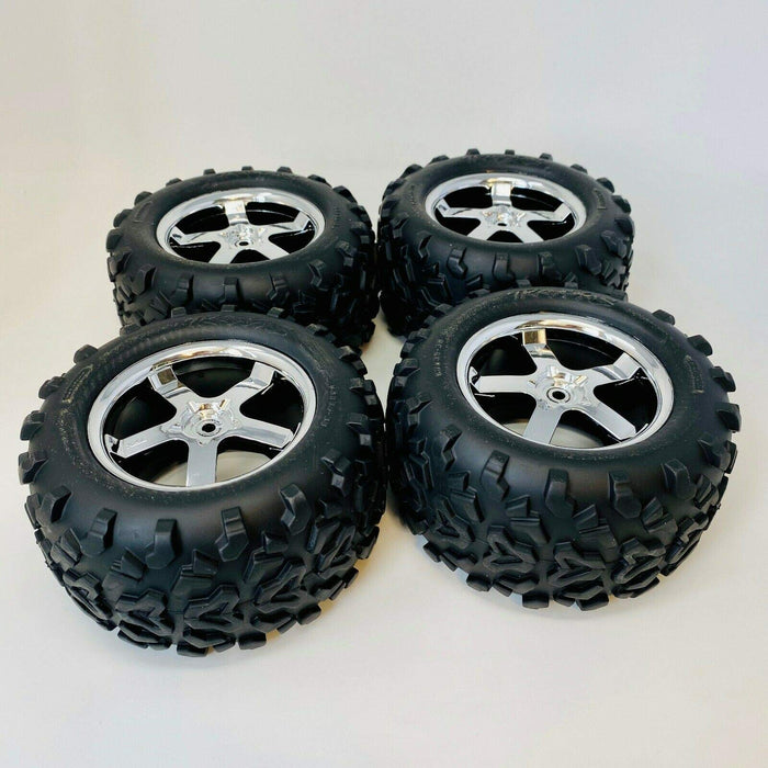 Traxxas 4973R 3.8" Geo Tires On Hurricane Chrome Wheels T-Maxx 3.3