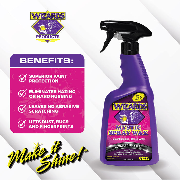 Wizards Spray Mystic Wax - Slick Finish Detailer and Glass Cleaner For Car Detailing Kit - Durable Spray Wax and Ceramic Boost - Repels Water and Protects With No Residue - 22 oz - Made in USA