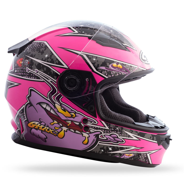 GMAX unisex-adult full-face-helmet-style Helmet (Gm49Y Youth Street Alien) (Pink/Purple, Youth Large)