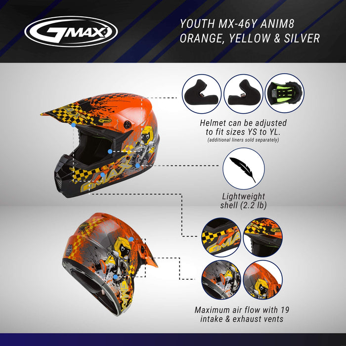 GMAX MX-46Y ANIM8 DOT Approved Youth Full-Face Motorcycle Helmet for Off Road Riding and Racing