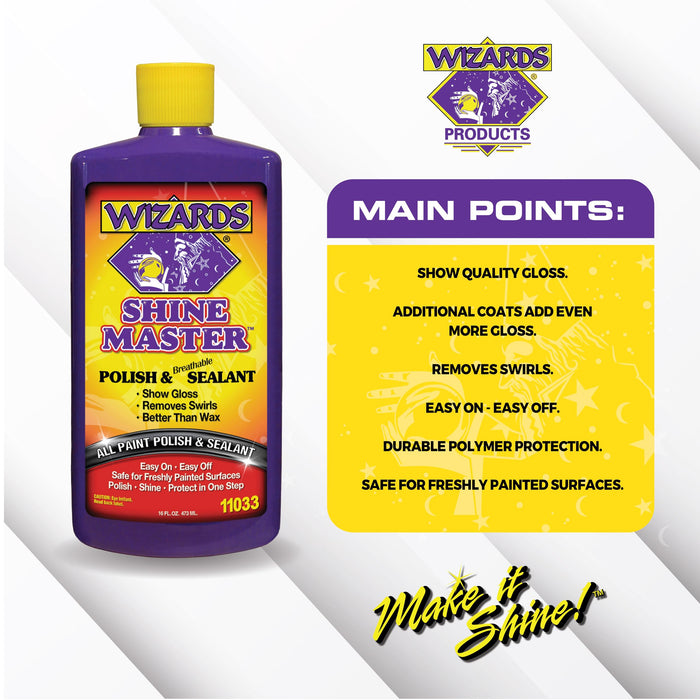 Wizards Shine Master Polish and Sealant - Cleans, Polishes and Seals Paint in One - Non-Carnauba Wax-Based Boat Water Spot Remover - Wax Replacement for Boat and Car Detailing Supplies - 16 oz