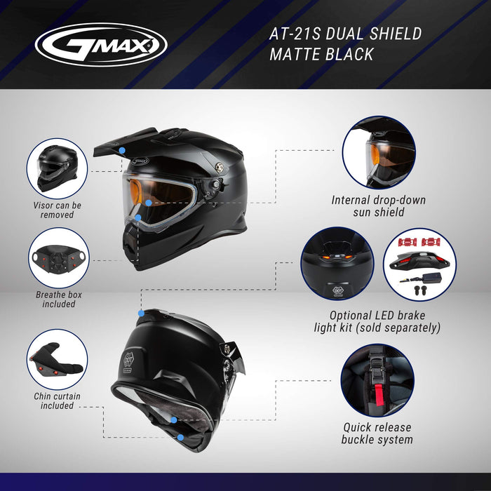 GMAX AT-21S Solid, Electric Shield Full-Face Helmet, DOT Approved for Adults and Youth (Matte Black, XS)