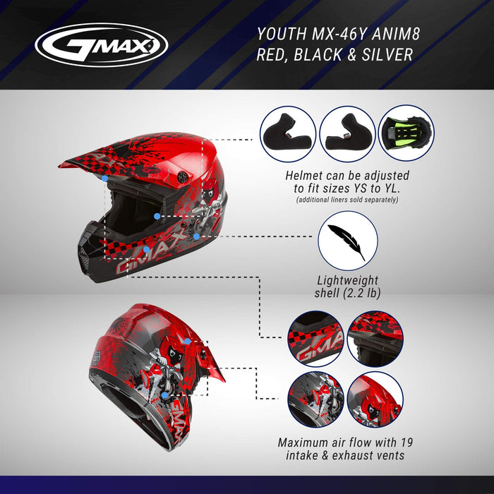 GMAX MX-46Y ANIM8 DOT Approved Youth Full-Face Motorcycle Helmet for Off Road Riding and Racing