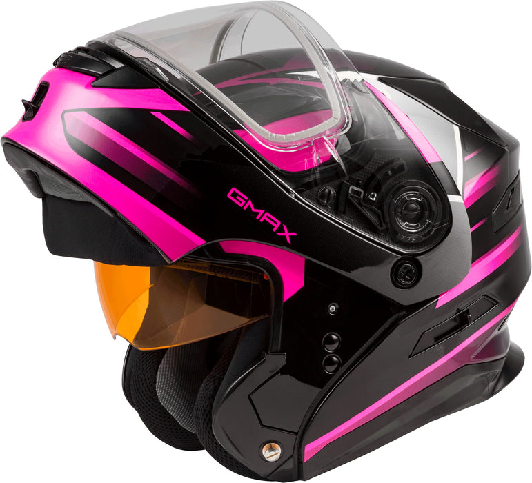 GMAX MD-01S Descendant, DOT Approved Modular Helmet, Dual Lens Shield for Snow & Motor Sports, (Black/Pink/White, Medium)