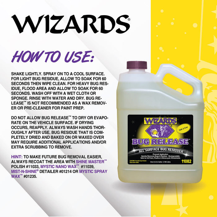 Wizards Bug Release - All Surface Bug Remover and Wash for All Vehicles - Softens and Neutralizes Acidic Bug Protein - Doubles as Spot Cleaner and Pre-Soak Car Cleaner - 1 Gallon