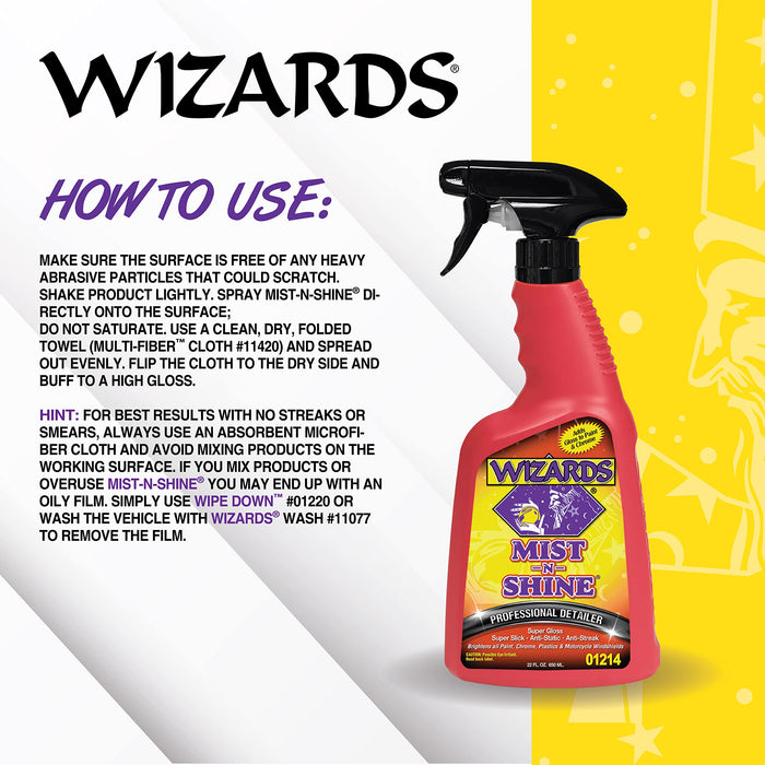 Wizards Mist-N-Shine Professional Detailer - Multi-Use Glass Cleaner for Vehicles - Adds Gloss to Paint, Chrome and Glass - 22 oz Detail Spray - Made in USA