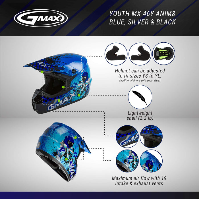 GMAX MX-46Y ANIM8 DOT Approved Youth Full-Face Motorcycle Helmet for Off Road Riding and Racing