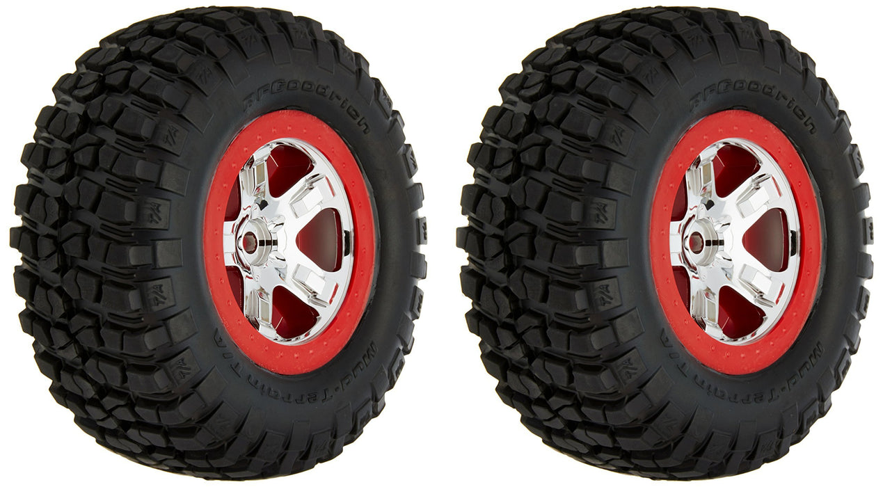 Traxxas Bf Goodrich Mud-Terrain T/A Km2 Tires Pre-Glued On Chrome, Red Beadlock-Style Wheels (Pair) 5867