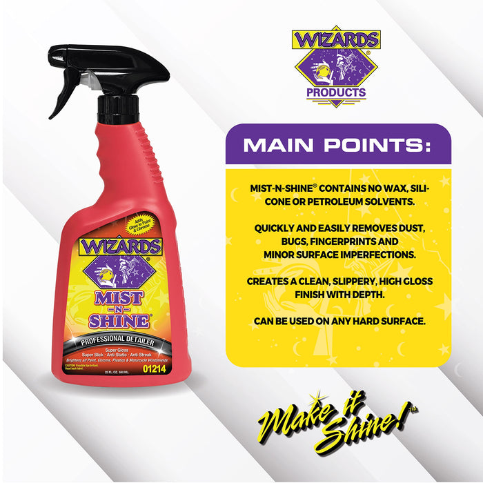 Wizards Mist-N-Shine Professional Detailer - Multi-Use Glass Cleaner for Vehicles - Adds Gloss to Paint, Chrome and Glass - 22 oz Detail Spray - Made in USA