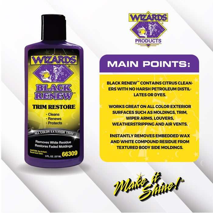 Wizards Black Renew Trim Restorer Treatment - Removes White Residue and Restores Faded Moldings -Car Interior Detailing Kit For All Smooth and Textured Trim, Plastic and Rubber Surfaces - 8 oz