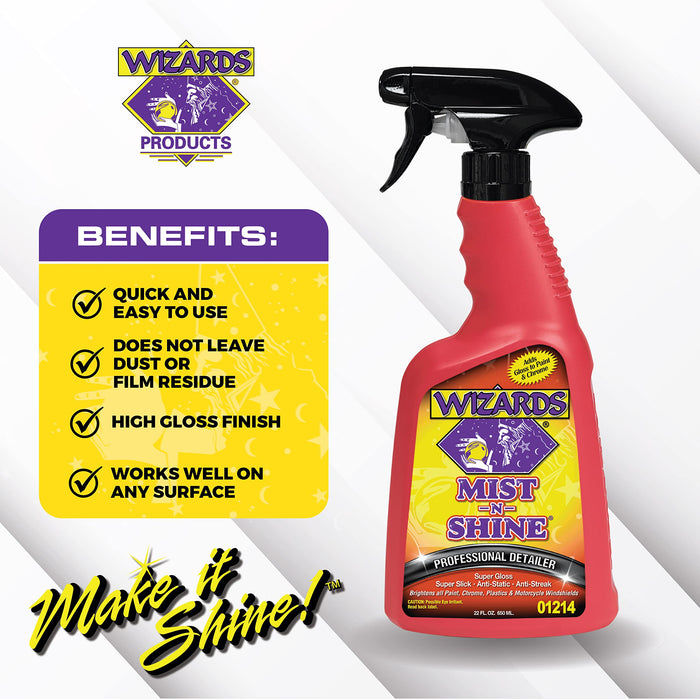 Wizards Mist-N-Shine Professional Detailer - Multi-Use Glass Cleaner for Vehicles - Adds Gloss to Paint, Chrome and Glass - 22 oz Detail Spray - Made in USA