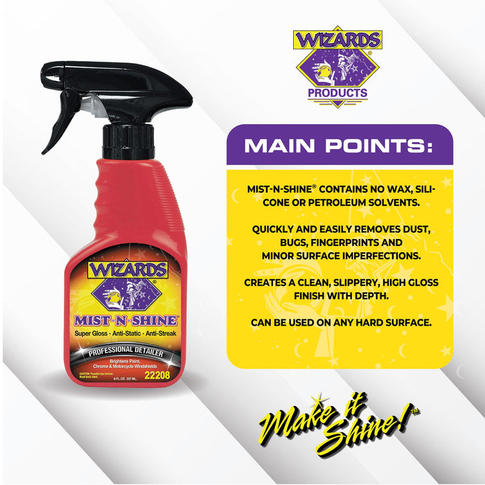 Wizards Mist-N-Shine Professional Detailer - Multi-Use Glass Cleaner for Vehicles - Adds Gloss to Paint, Chrome and Glass - 8 oz Detail Spray - Made in USA