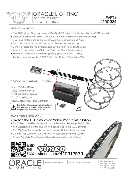 Oracle LED Illuminated Wheel Rings for UTV/ATV & SXS Vehicles ColorSHIFT w/o Cntrl SEE WARRANTY 4250-334