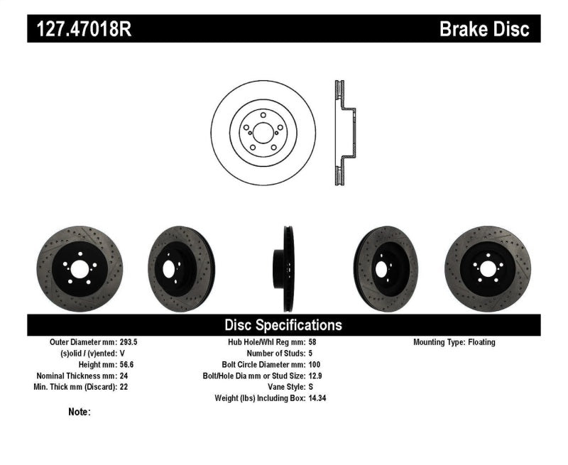 Stoptech Sport Drilled & Slotted Brake Rotor; Front Right 127.47018R