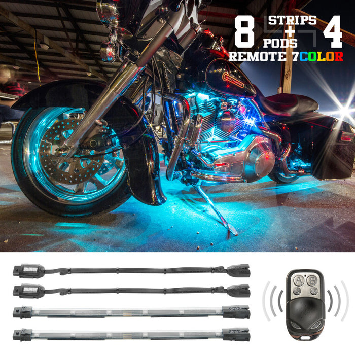 XK Glow Motorcycle LED Accent Kits -8 Pods -4 10" strips -XK034016