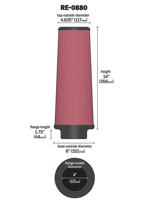 K&N Universal Clamp-On Air Intake Filter: High Performance, Premium, Washable, Replacement Filter: Flange Diameter: 4 In, Filter Height: 14 In, Flange Length: 1.75 In, Shape: Round Tapered, Re-0880 RE-0880