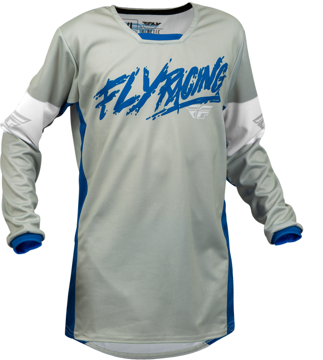 Fly Racing 2023 Kinetic Youth Khaos Jersey (Light Grey/Blue/White, Youth Large)