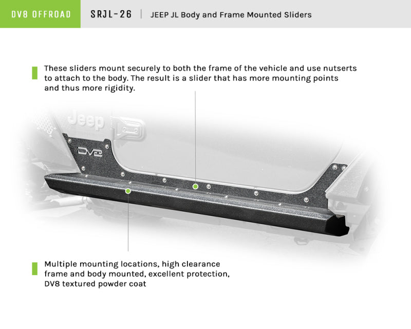 Dv8 Offroad Rock Sliders Srjl-2618+ Jeep Jl 2-Door Rock Slider With Rock Skin SRJL-26