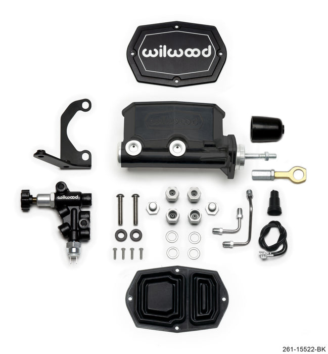 Wilwood Compact Tandem M/C 7/8in Bore w/Bracket and Valve fits Mustang (Pushrod) Black 261-15522-BK