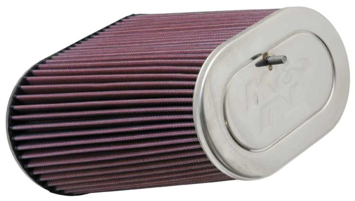 K&N Universal Clamp-On Engine Air Filter: Oval Straight; 3.125 in (79 mm) Flange ID; 9 in (229 mm) Height; 8.75 in x 5 in (222 mm x 127 mm) Base; 6.25 in x 4 in (159 mm x 102 mm) Top , RF-1012