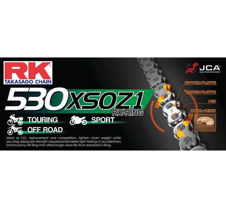 Rk Racing Chain 530Xsoz1-112 (530 Series) Steel 112 Link High Performance Street And Off-Road Rx-Ring Chain With Connecting Link 530XSOZ1-112