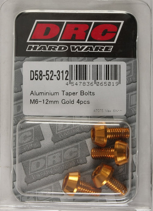 4/PC DRC ALUM M6 TAPER BOLTS 12MM GLD