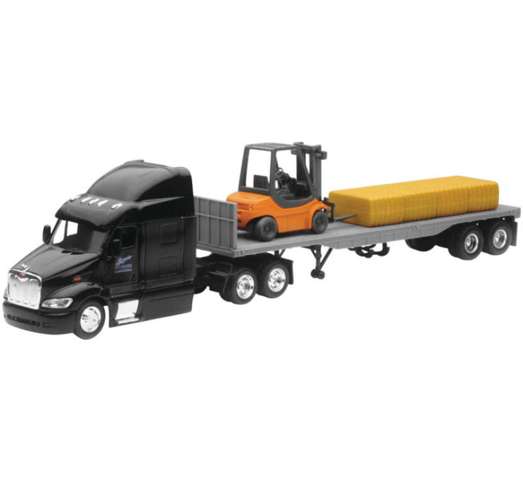 Peterbilt 387 Truck with Flatbed Trailer Black with Forklift and Hay Bales Long Haul Trucker Series 1/43 Diecast Model by New Ray