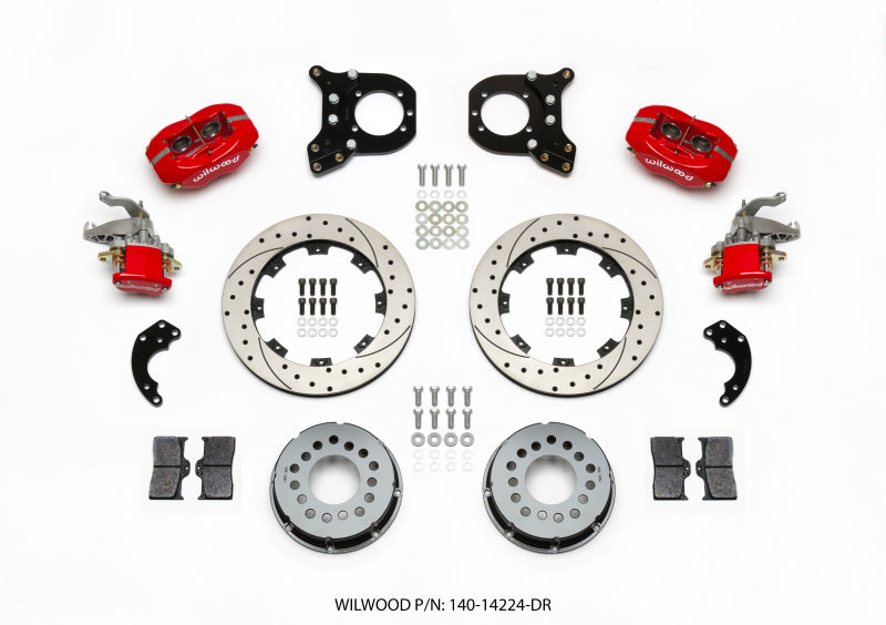 Wilwood Forged Dynalite P/S Rear Kit w/MC4 P-Brake Drill Red Chev 12 Bolt w/Clip Eliminator 140-14224-DR